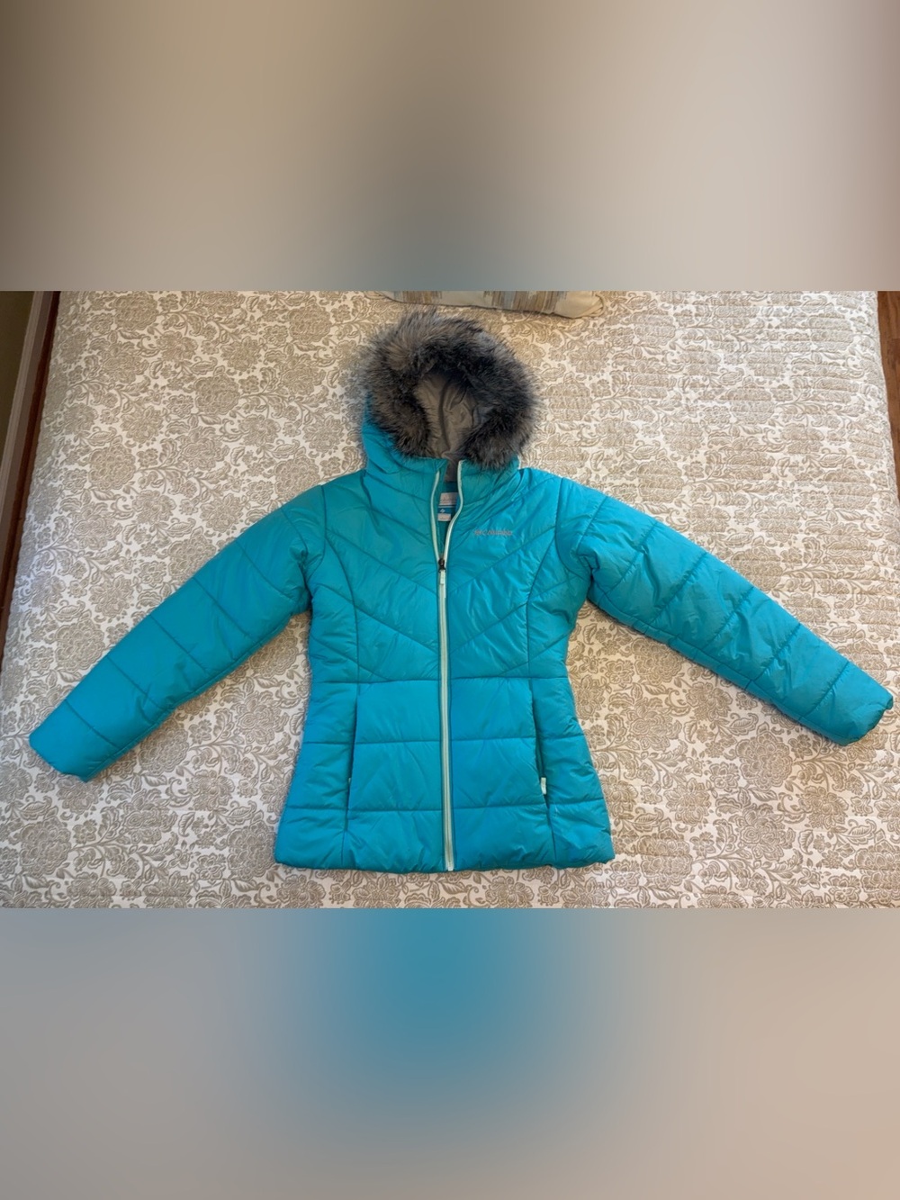 Columbia Puffer Coat Jacket Girls L 14-16, Full Zip Front & Pockets, Hood, Aqua
